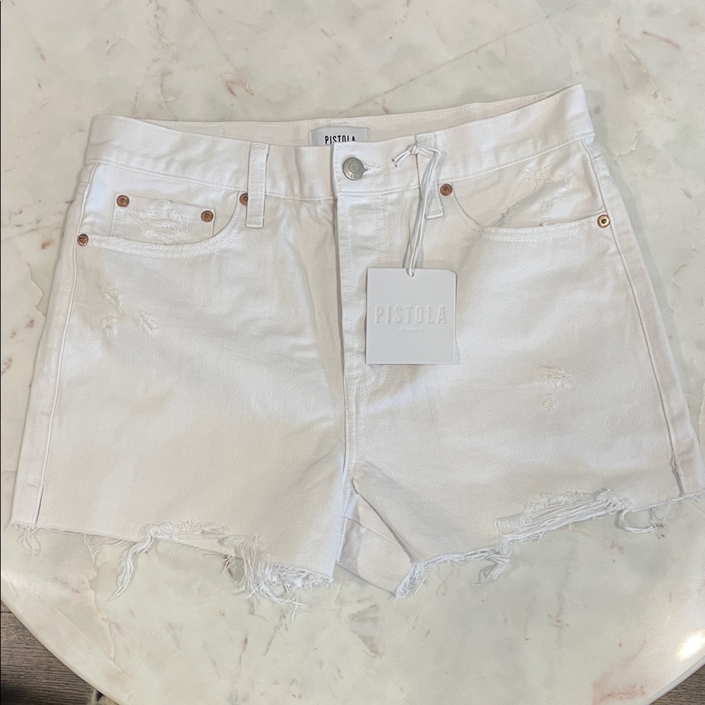Pistola Women's Off-White Distressed Jean Shorts